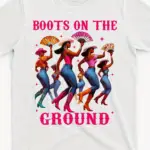 Women's Ground Boots Pattern T-Shirt with Vintage Denim Style Design Featuring Four Western Women and Stars, Made of Soft Cotton, Round Neck, Short Sleeves, Casual Country Style Top