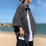 Denim Short-sleeved Shirt Men's Hong Kong Style Tooling Retro Loose Shirt Fashion Trend Loose Seven-quarter Sleeve Jacket