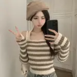 Autumn Winter Women Striped Halterneck Sweater Sexy Open Back Knit Cropped Tops Female Slim Fit Chic Versatile Knitwear