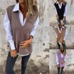 Sweater Vest Spliced Knitted Solid Jumpers Sleeveless Women V Neck Basics Casual Sweaters Autumn Loose Sight Strech 2025