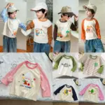New Spring Autumn Long Sleeves Pure Cotton T-shirt Unisex Kids Cartoon Printed Tops Girls Boys Shirts Children Cute Casual Tees
