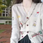 Spring Women's V-neck Embroidered Sweater Knitted Cardigan