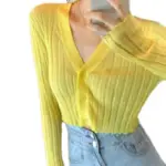 652F Women Summer Lightweight Knitted Long Sleeve Cropped Cardigan Top Sexy V-Neck Button Up Color Fitted Sweater Coat