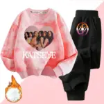 Fashion K POP K-KATSEYE Sweatshirt+pants 2-piece Set Girl Baby Kawaii Fleece-lined Sweater Hoodie Top Autumn Winter Kid Clothing