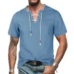 New Summer Men's Denim Shirt V-neck Lace-up Fringed Denim Henry Collar T-shirt Top Short Sleeve Casual Fashion