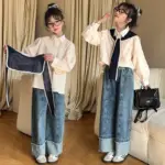 Korean Baby Girls Autumn Sets New Turn Down Collar T-shirt+Contrast Color Shawl+Patchwork Denim Pant Children Girls 3pcs Sets