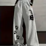 Women's Plus-size Street Style Casual Sweatpants with Cat Paw Print Autumn and Winter Fleece Loose Fit Streetwear Oversized