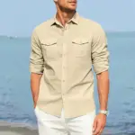 Autumn New Men's Pure Color Shirt Double Pocket Cotton Linen Long Sleeve Lapel Shirt Casual Dailywear Classic Male Cargo Shirts