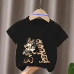 Minnie Mouse Leopard Letter A B C Name Print Kids T-shirt Girls Clothes Baby Boys Black Short Sleeve Black T Shirt Children Tops