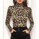 Women'S T-Shirts Autumn Fitting Slim Floral Leopard Long Sleeve High-Neck Regular Trendy Chic T-Shirts