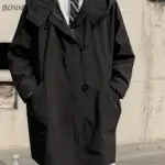 Hooded Trench Men Casual Apricot Black Simple Design Harajuku Zipper Chic Cargo Coats Streetwear Spring Long Jackets Retro