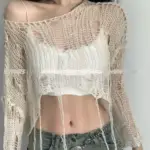 American Retro Y2K Women Knit T-shirt Hollow Out Beige Knitwear Cropped Sweater Tees Short Tops Vintage Spring T Shirts 2025 New