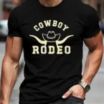 Men's Western Cowboy Pattern T-Shirt Black Denim Shirt with Longhorn Cow and Hat Design Soft Breathable Pure T-Shirt Suitable for Country Western Event Theme Parties Daily Casual Wear Ideal Cowboy Gift for Men Cowboy Accessories Summer