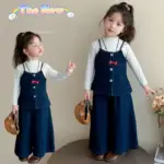 Children Spring Autumn Clothing Set Girls Suspender Denim+Base Shirt + Wide-Leg Pants Three Piece Set Fashion Kids Cowboy Suit