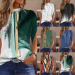 Women Blouse Top Vintage Print Patchwork Round Collar Irregular Half Sleeve Female Casual Shirt Tops Summer 2025 Office Lady