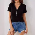 Women T Shirt Summer Top V Neck Diamonds Zipper Short Sleeves Solid Color Tees Female Casual Office Lady 2025 Basis Tops