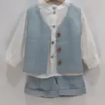 Boys Pure Linen 3Pcs Set Long-Sleeved Shirt Blue Shorts Vest Suit Retro Elegant Birthday Party Clothing Breathable Skin-Friendly