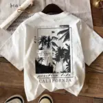 Unisex Youth Minimalist Palm Tree Print Round Neck Cotton Blend T-Shirt for Summer