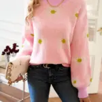 Women's Pink Floral Contrast Crew Neck Puff Sleeve Knit Sweater Casual Pullover Top