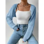 Women s Open Front Cropped Cardigan Long Sleeve Solid Color Ribbed Knit Shrug Sweater Bolero Tops