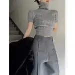 Grey Ropa Mujer Knitted Cropped Pullovers Women Turtleneck Short Sleeve Tunic Jumper Pull Femme Fashion Casual Y2k Sweater Top