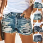 Shorts Women Hole Jeans Distressed Tassels Washed High Waist Pockets Vintage Straight Short Pants 2025 Female Streetwear Denims