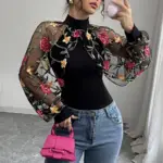 Women T Shirt Embroidered Flower Top Mesh Patchwork Turtleneck Sexy Tops Vintage Blouse Tees Spring Autumn Office Lady 2026