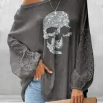 Glitter Skeleton Lantern Sleeve Top Fashion Woman Blouses 2023 Shirts Round Neck Long Sleeves Female Clothing Autumn Spring