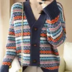 Women Print Button Cardigan Sweaters V Neck Splice Knit Thick Jumpers Casual Vintage Long Sleeve Elegant Lady Autumn Winter 2025