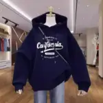 Fashion Casual Hooded Sweatshirt for Women Fleece Lined Navy Blue Printed Trendy Early Spring New Graphic Harajuku Style Hoodie