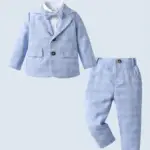 Baby Boy Formal Suit Set: Light Blue Grid Pattern Jacket, Pants & Shirt with Bowtie for Special Occasions