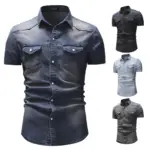 Men Denim Shirts Tops Shirt Short Sleeve Button Turn Down Collar Single Breasted Slim Fit Solid Simple Casual Splice Top