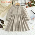 Bear Leader Autumn Long Sleeved Colorful Button Pleated Dresses for Girls Korean Minimalist Clothing Khaki Lapel Shirt Dress