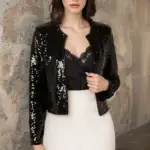 New Winter Clothes Woman Temperament Casual Solid Color Versatile Elegant Slim Coat Long-sleeved Sequined Round Neck Cardigan