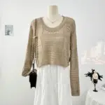 Solid Hollow Out Thin Pullover Women 2025 Spring Summer Round Neck Loose Solid Knit Crop Top Casual Long Sleeve Sweater