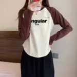 Autumn and Winter Simple Letter English Print Loose Splicing Contrasting Color Retro One-shoulder Long-sleeved T-shirt Women Top