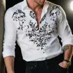 Men's floral-print ethnic-style blouse, Western-style denim shirt, long-sleeved classical style outdoor vacation collar