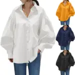 Muslim Women Top Blouse Single Breasted Turn Down Collar Lantern Sleeve Solid Color Tops Dubai Female Morocco Casual Shirt 2025