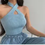 New Women Sports Cross Vest Sexy Crop Tops Y2K Vest Halter V-Neck Crop Tube Tops Lady Knitted Off Shoulder Stretch Sweater Tank