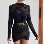 Top Women T Shirt Sexy Bottoming Long Sleeve Flower Printed Mesh Sheer Tops Stand Neck Tees Summer 2025 Female Undershirts