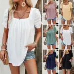 Women Blouse Top Square Collar Hollow Out Folds Casual Blouses Short Sleeves Solid Color Shirt 2025 Summer Office Lady Tops
