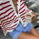 Fashion temperament Stripes Color Crash Simple Versatile Metal Button Round Collar Sweater Cardigan Jacket Women