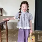 2025 Girls Korean Style Cotton Shirt With Bubble Sleeves And Wide Leg Pants 2 Piece Set Casual Clothes Fashion Daily Wear Summer