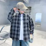 Boys Shirt Jacket Korean Fashion Style Long Sleeve Black Plaid Shirt 2025 Childrens Clothes Autumn Loose Blouses