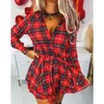 Women's Sexy Shirt Dress Summer Autumn Latest Plaid Print Tied Layered Dress Turn-Down Collar Long Sleeve Button Bodysuit