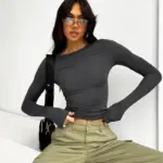 Women T Shirt Round Collar Full Sleeve Stretch Slim Fit Undershirt Solid Color Base Layer Top Spring Autumn Office Lady Tops