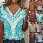 Printed T Shirt for Women V Neck Vintage Top Short Sleeves Button Streetwear 2025 Spring Summer Loose Office Lady Tees Tops