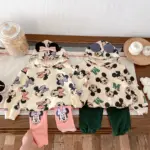 Full-print Disney Cartoon Long Sleeve Sweatshirts Set Popular Design Loose Fashion Hoodie + Sweatpants 2pc/set Kids Clothing