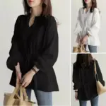 Muslim Women Top Blouse V Neck Drawstring Lace Up Tight Waist Flare Sleeve Solid Color Tops Dubai 2025 Female Casual Shirt