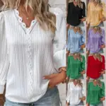 Solid Pullover Blouse Women Shirts Lace Spliced V Neck Blouses Loose Fit Summer Casual 2025 Slight Strech Basics Long Sleeve